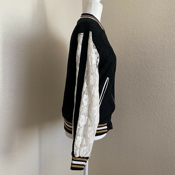 Eye of the Needle Black & White Lace Overlay Full-Zip Bomber Jacket Size Small - Picture 3 of 9